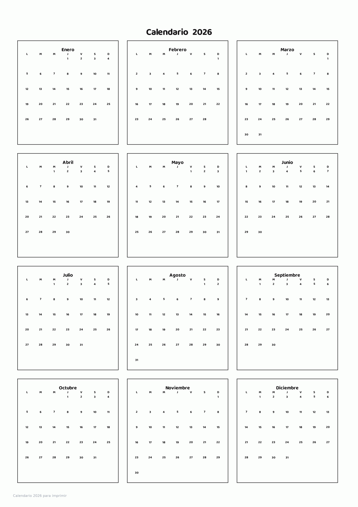 Calendario 2026 para imprimir
