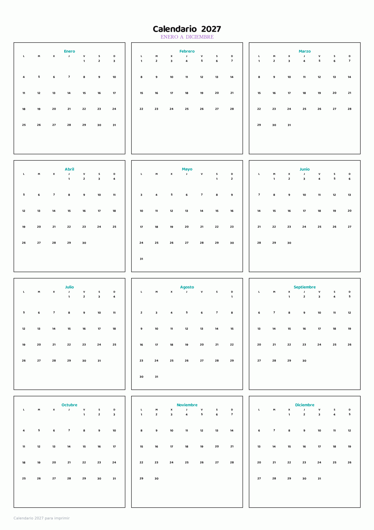 Calendario 2027 para imprimir