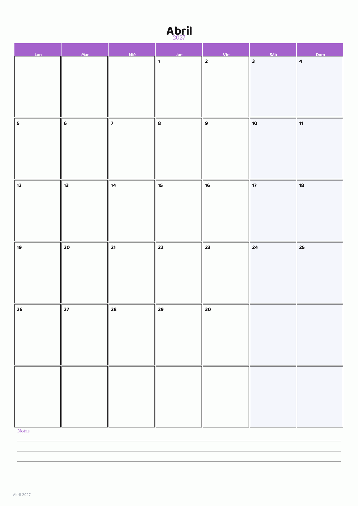 Calendario de Abril 2027