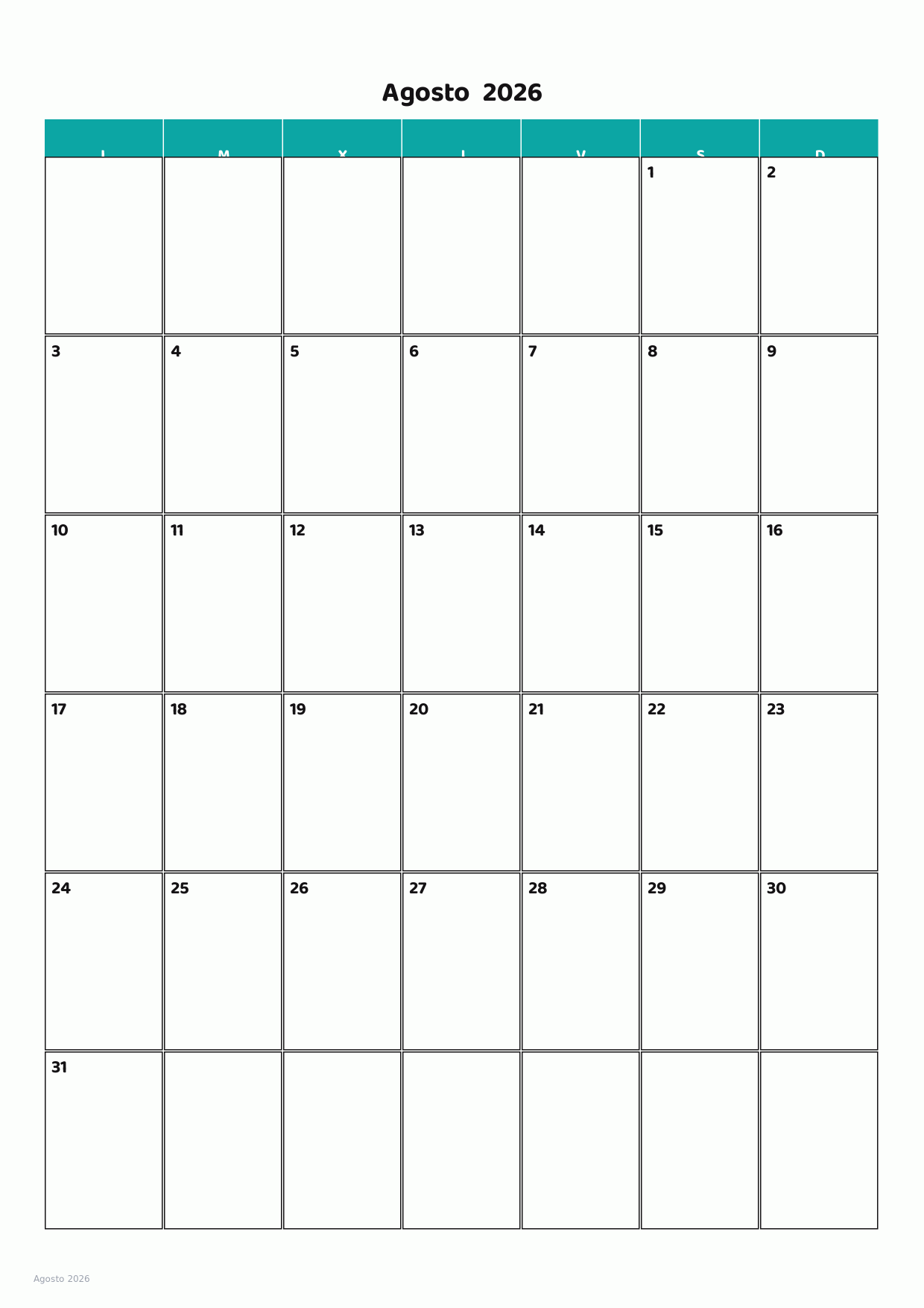 Calendario de Agosto 2026