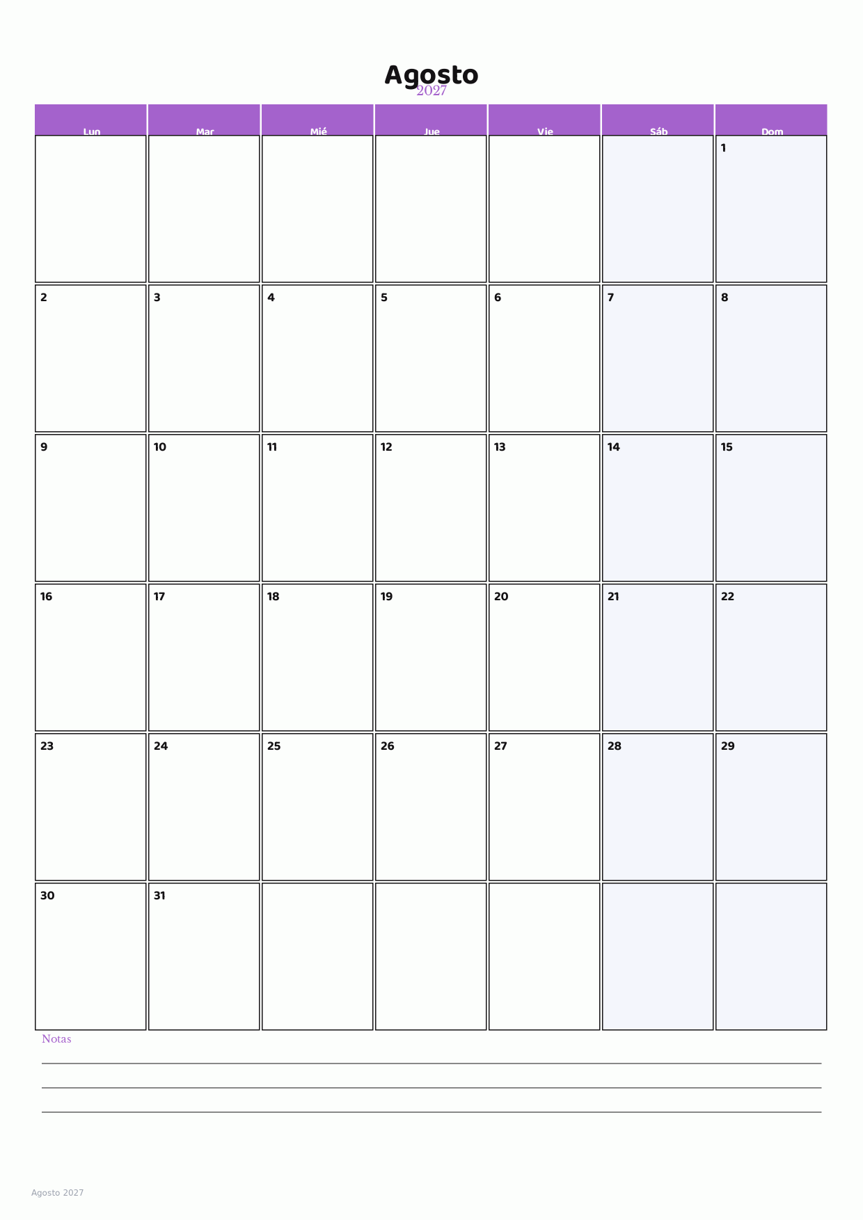 Calendario de Agosto 2027