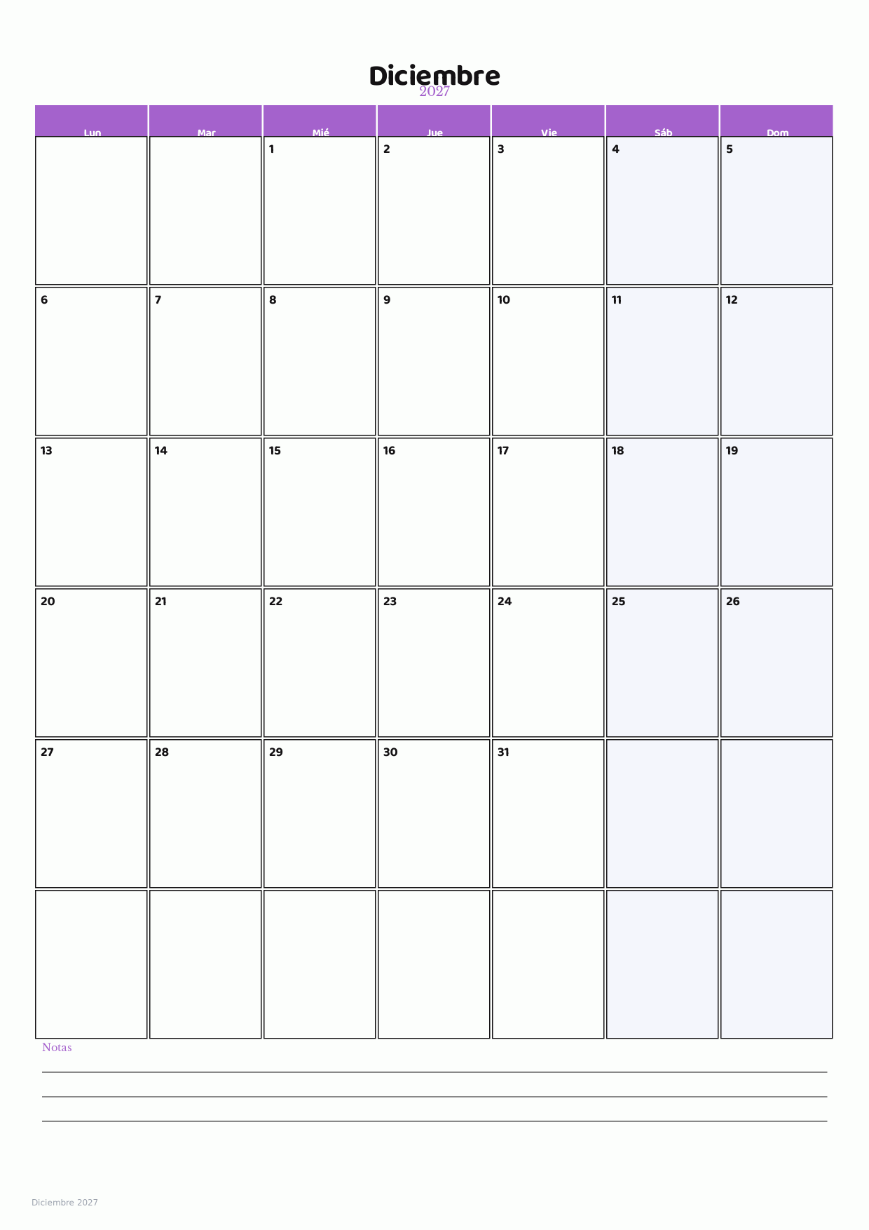 Calendario de Diciembre 2027