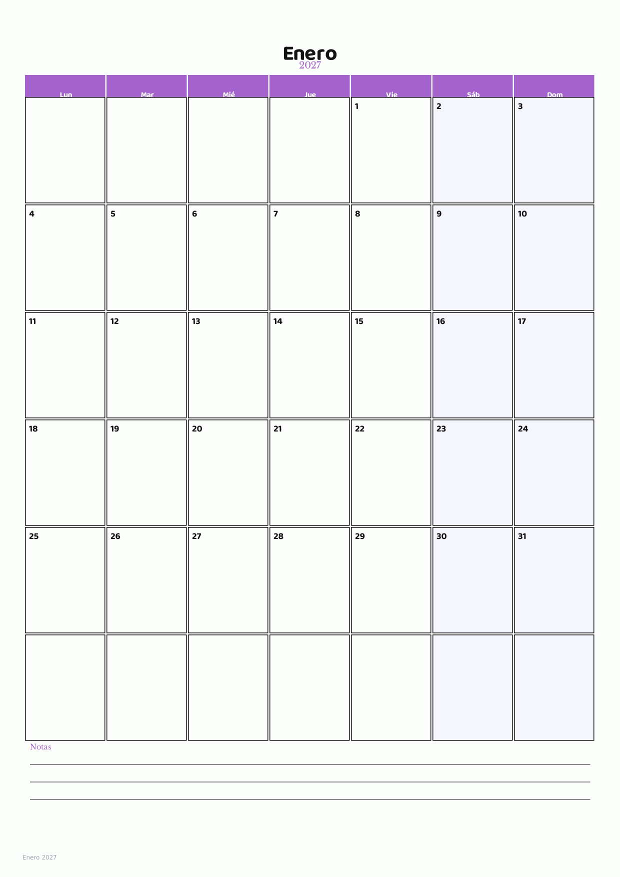 Calendario de Enero 2027