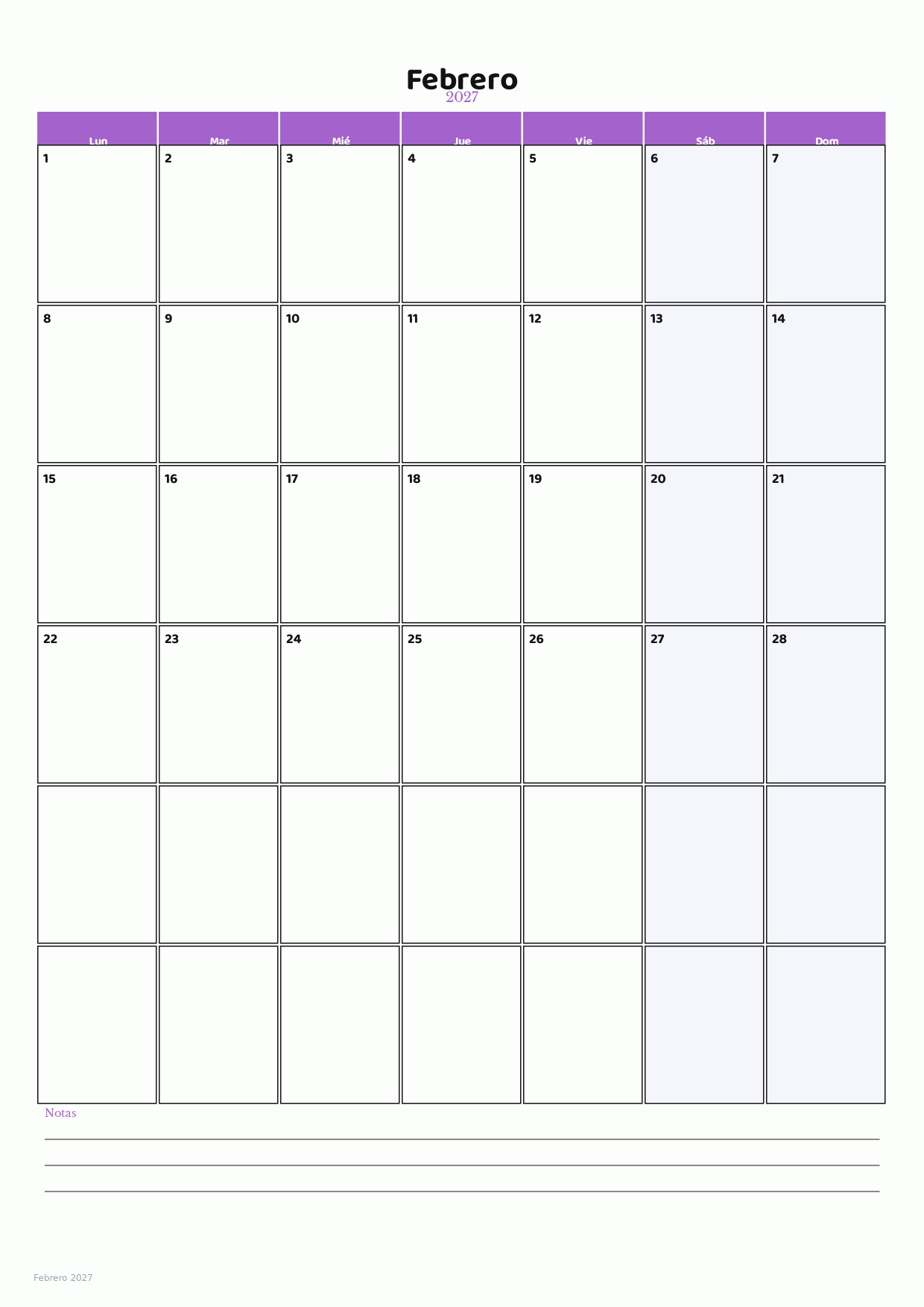 Calendario de Febrero 2027