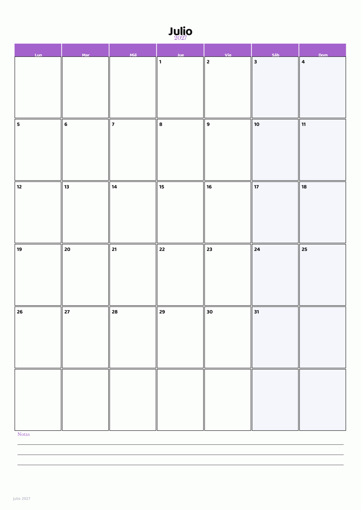 Calendario de Julio 2027