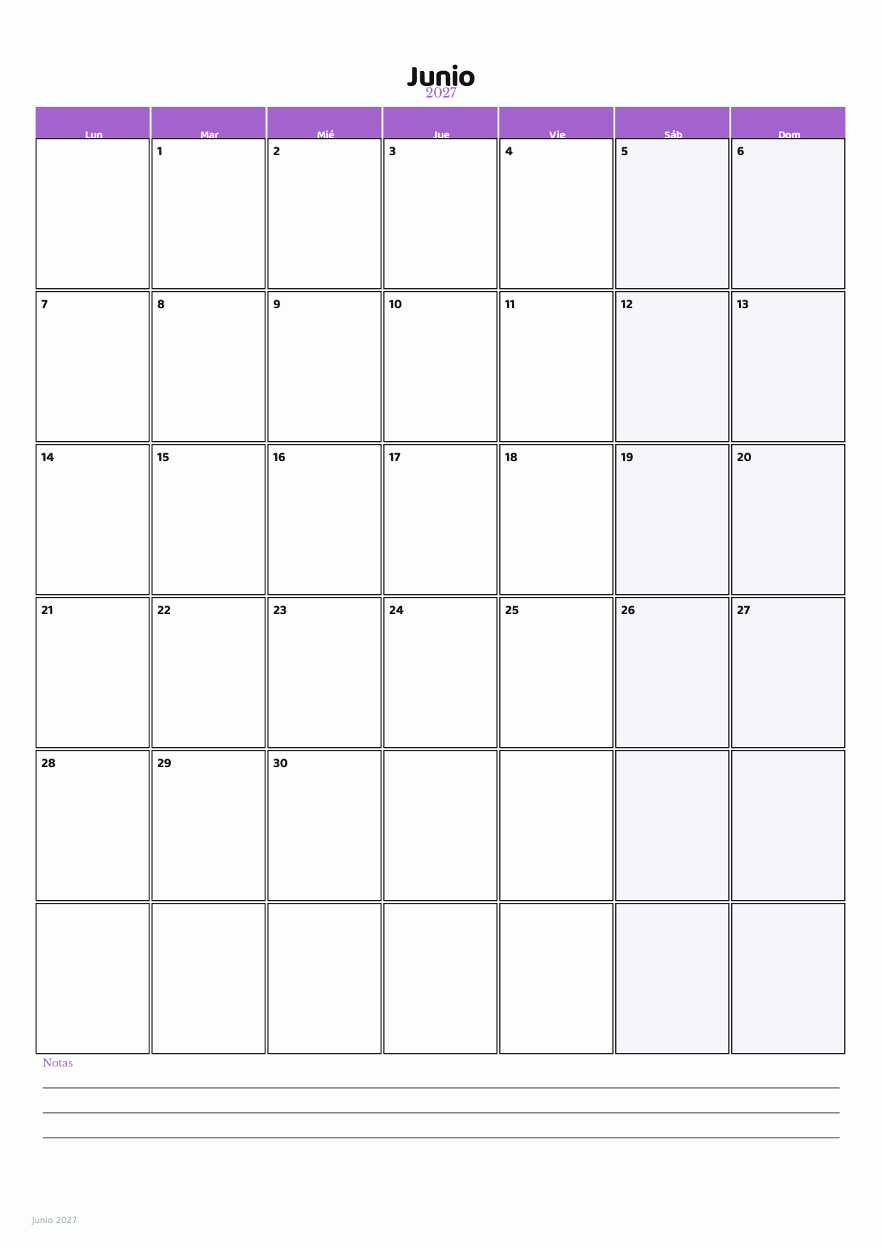 Calendario de Junio 2027