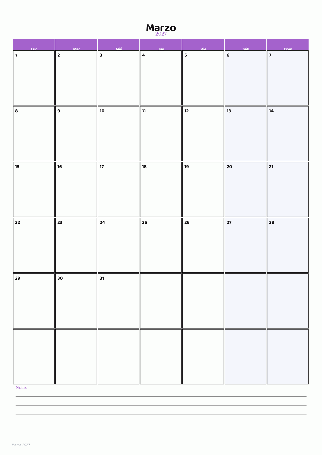 Calendario de Marzo 2027