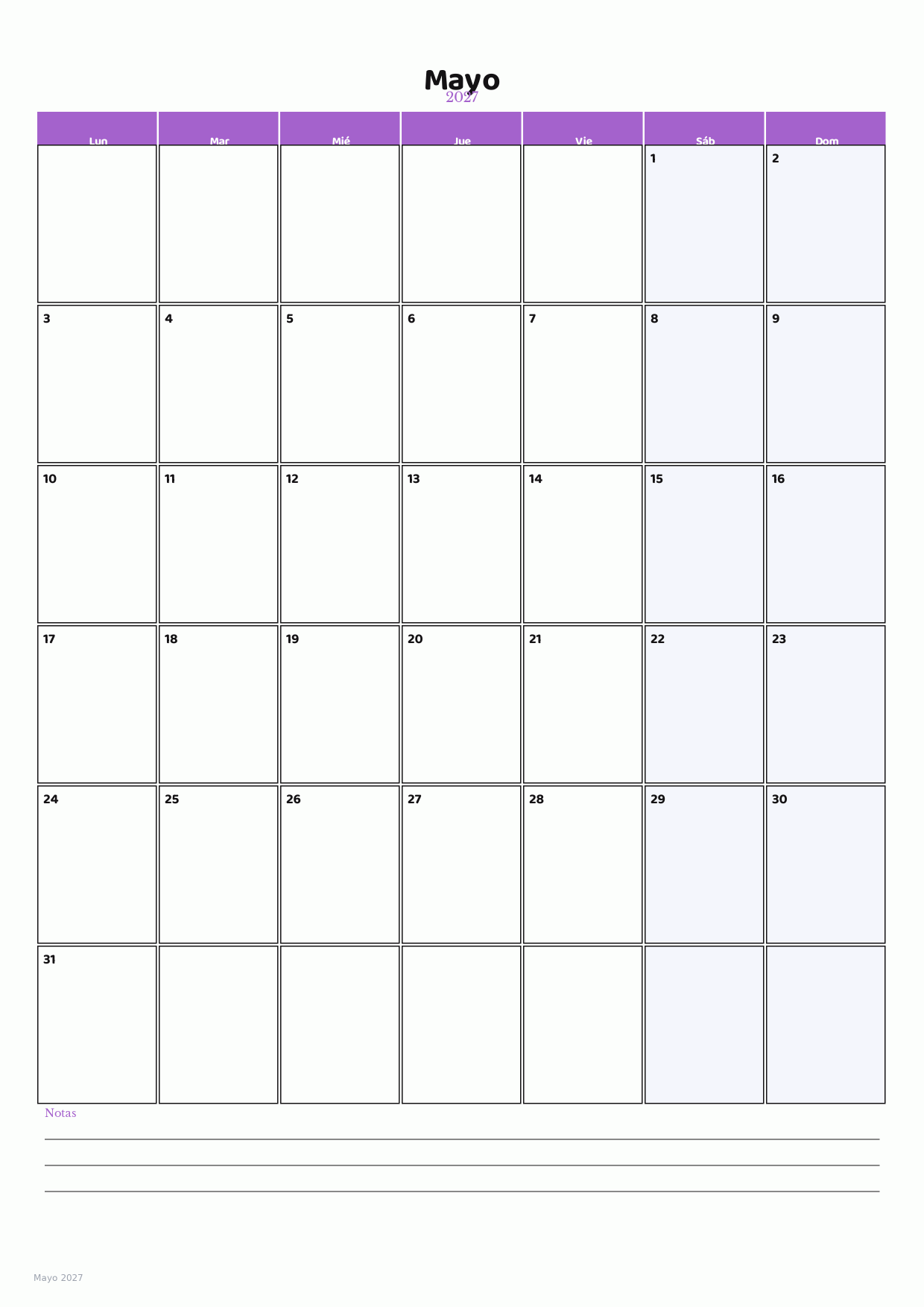 Calendario de Mayo 2027