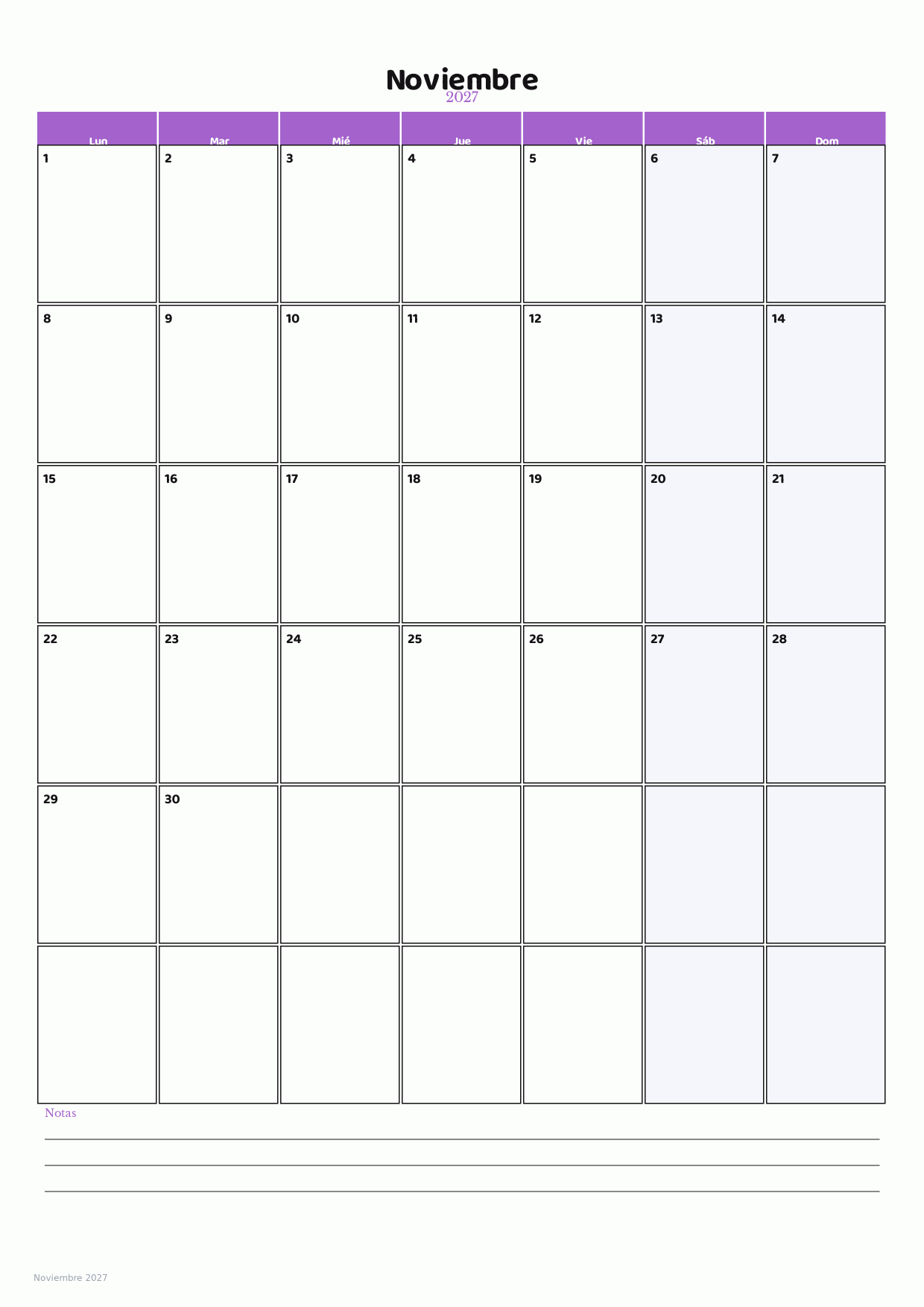 Calendario de Noviembre 2027