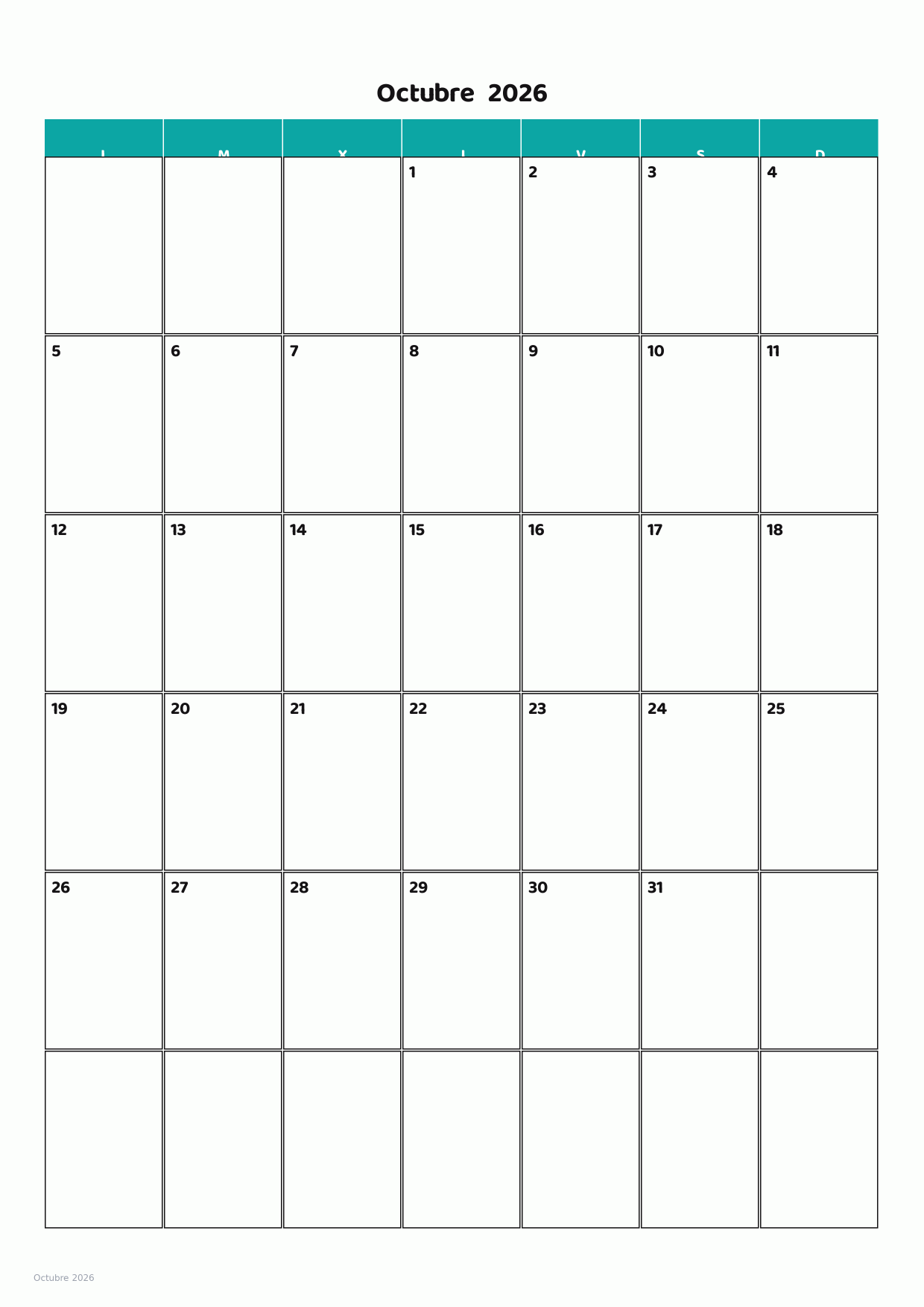 Calendario de Octubre 2026