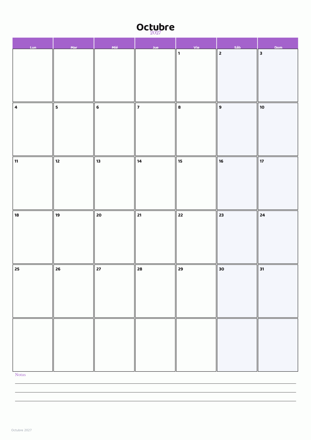 Calendario de Octubre 2027