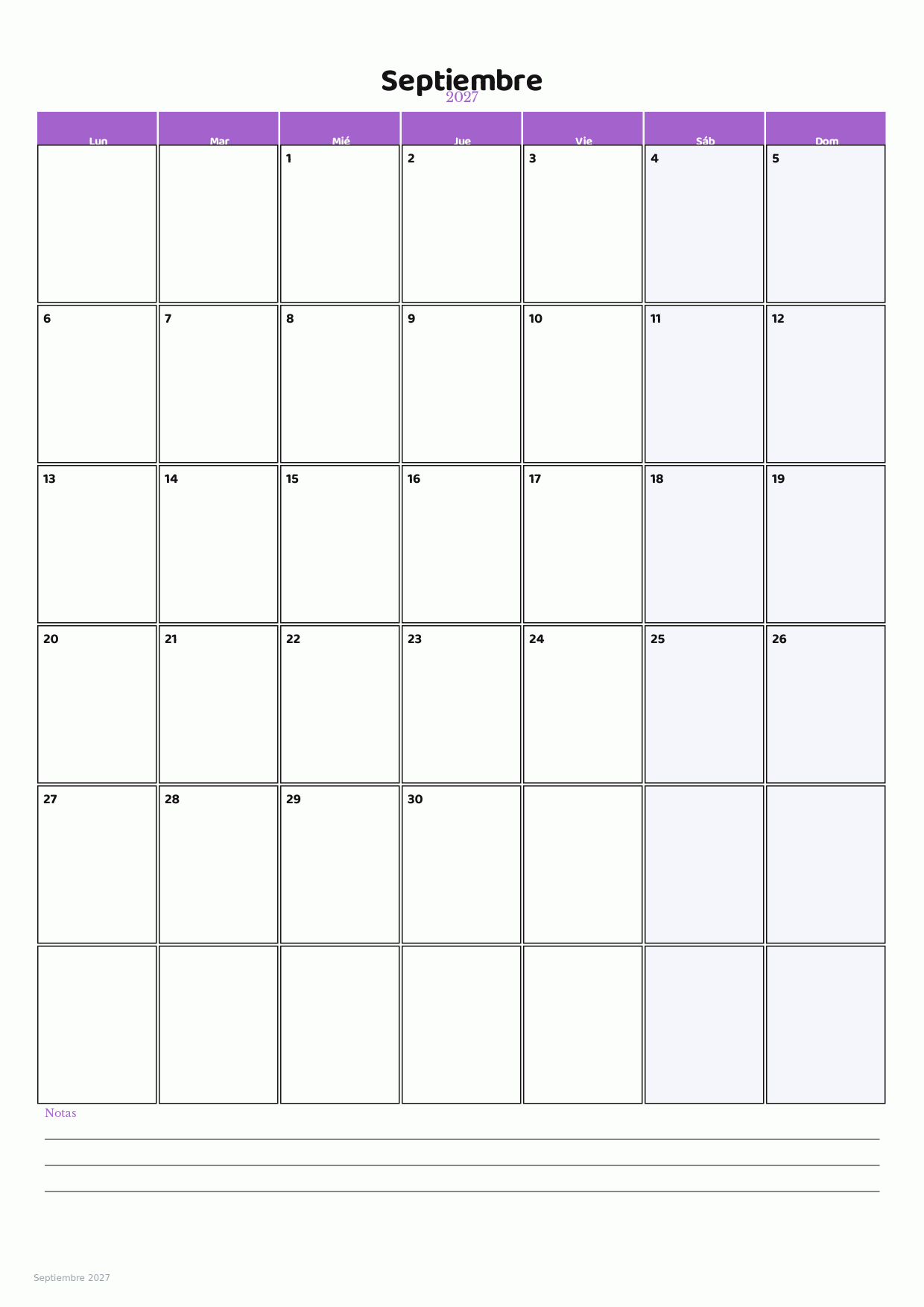 Calendario de Septiembre 2027